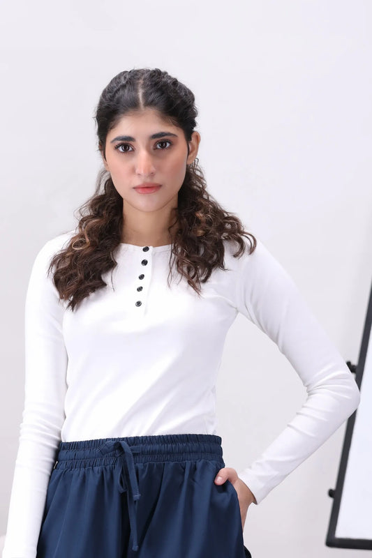 White Ribbed Women's Henley