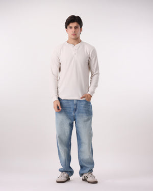 Waffle Knit Thermal Henley - Off White