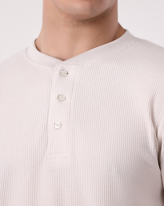 Waffle Knit Thermal Henley - Off White