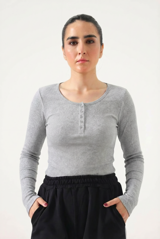 Grey Ribbed Women's Henley