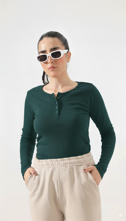 Green Long Sleeve Ribbed Henley