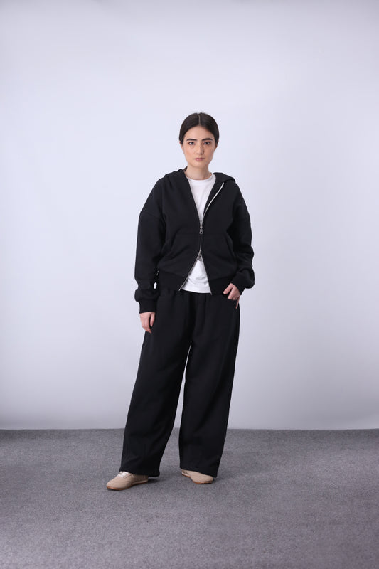 Core Fleece Zipper Co-Ord - Black