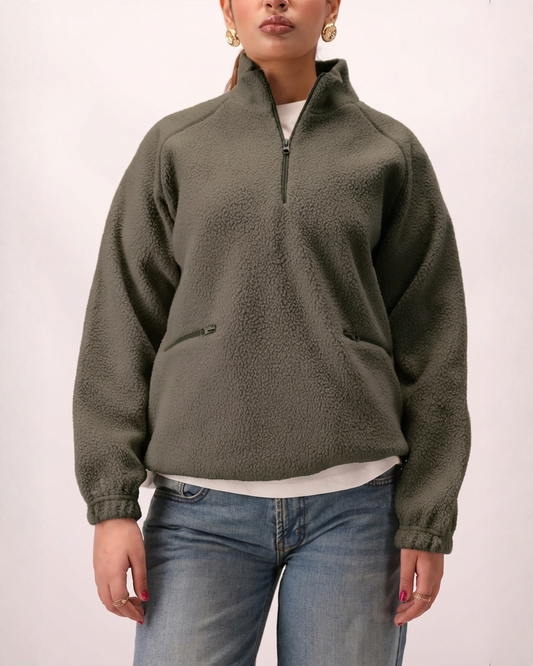 Sherpa Mock Neck ¼-Zip Unisex – Moss Grey