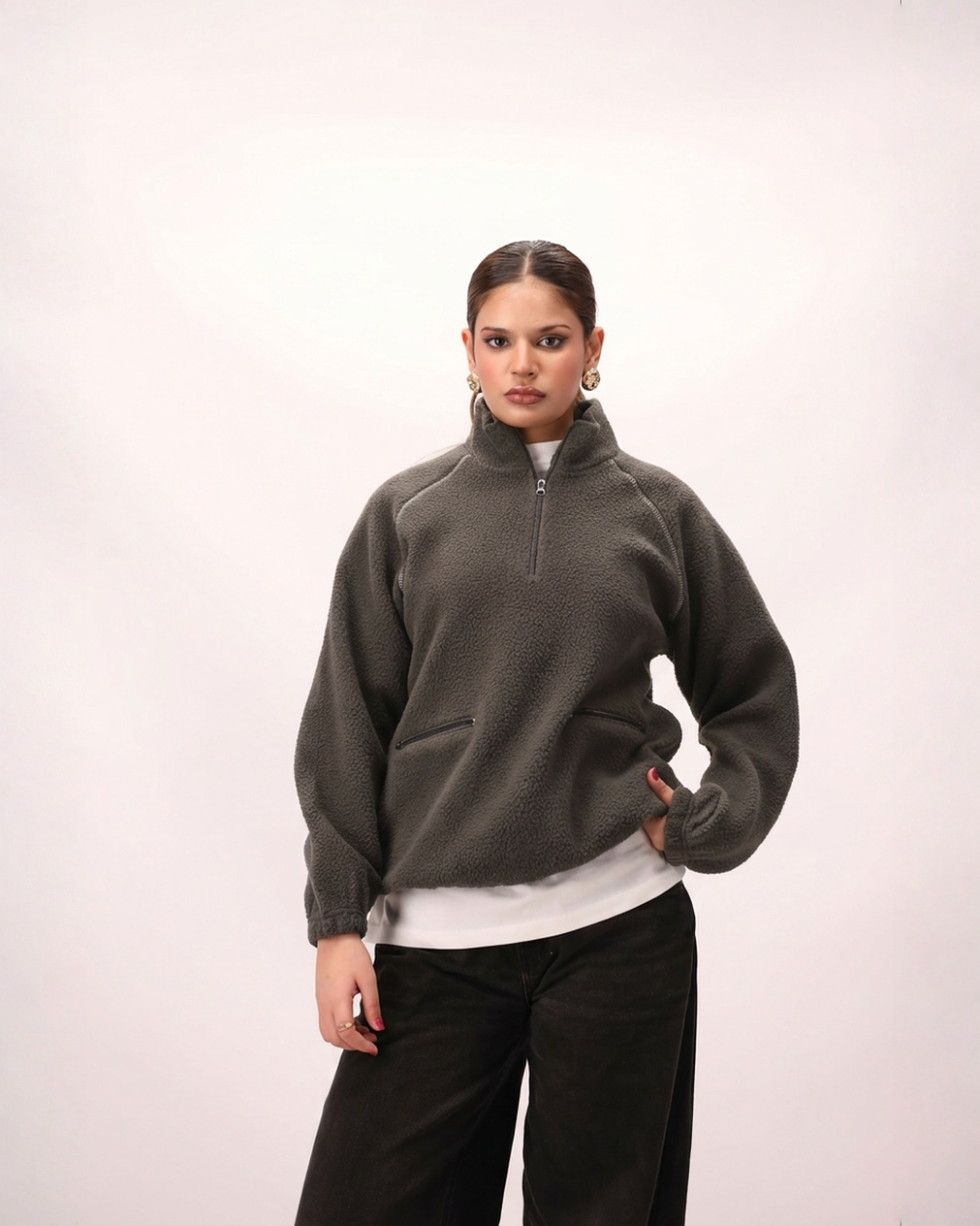 Sherpa Mock Neck ¼-Zip Unisex – Moss Grey