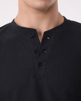 Waffle Knit Thermal Henley - Black