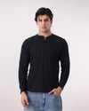Waffle Knit Thermal Henley - Black