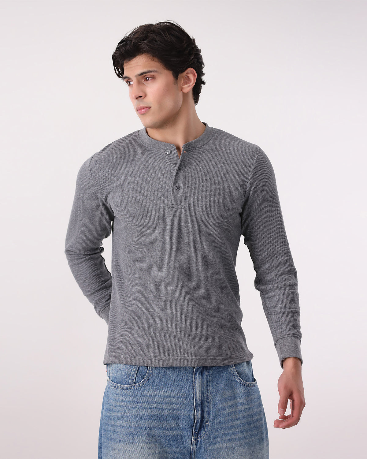Waffle Knit Thermal Henley - Charcoal
