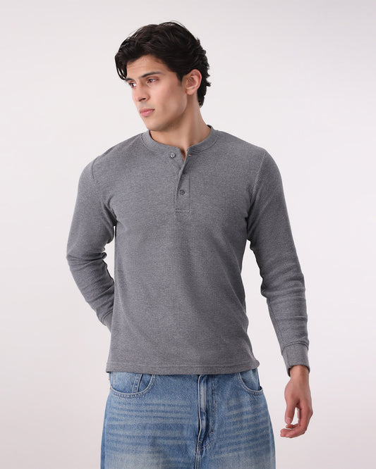 Waffle Knit Thermal Henley - Charcoal