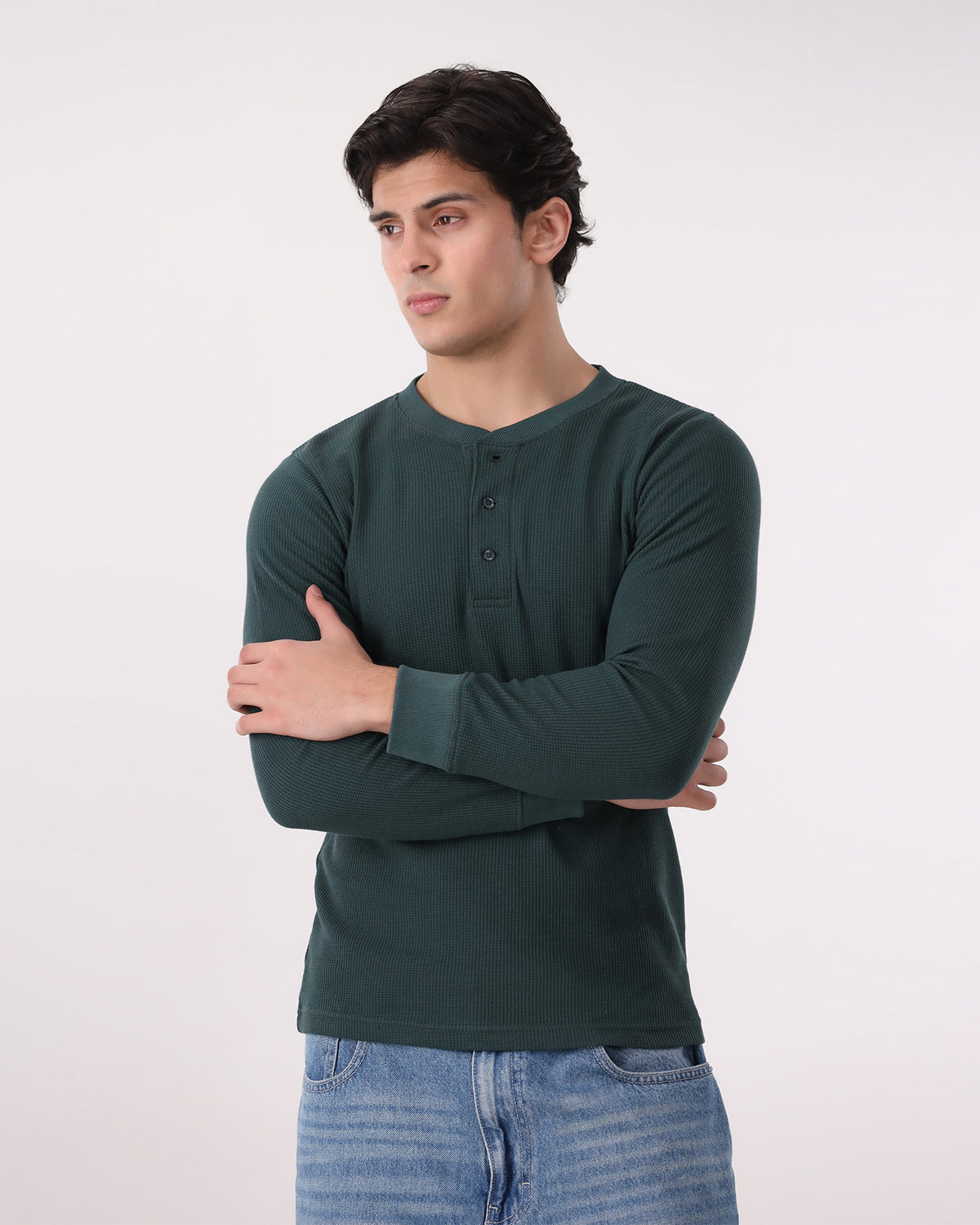 Waffle Knit Thermal Henley - Green