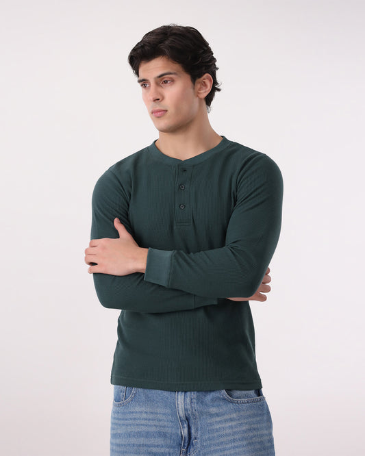 Waffle Knit Thermal Henley - Green
