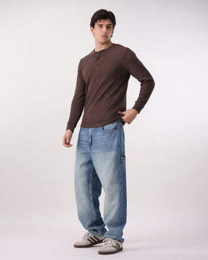 Waffle Knit Thermal Henley - Brown