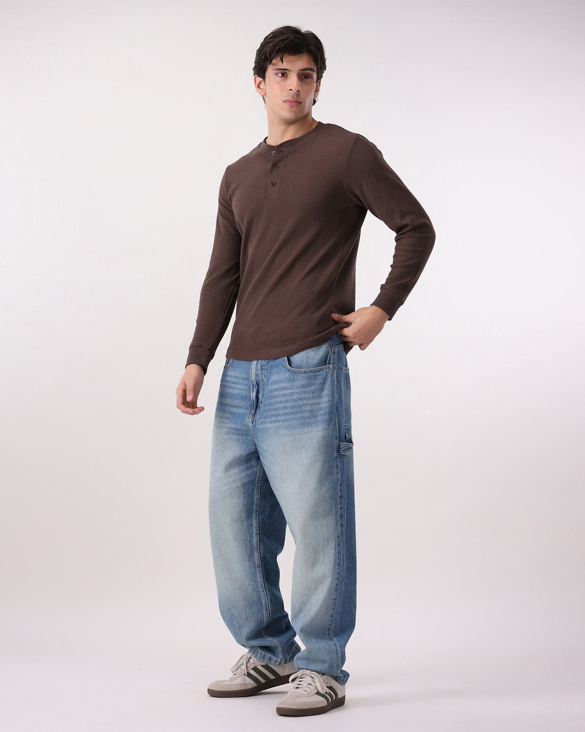 Waffle Knit Thermal Henley - Brown