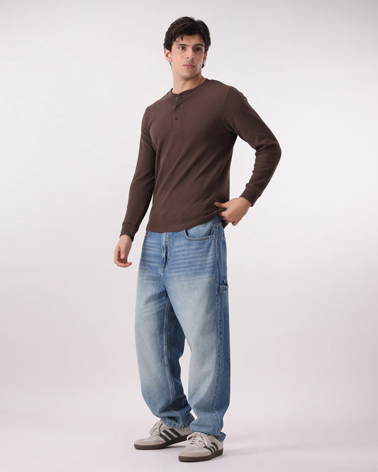 Waffle Knit Thermal Henley - Brown