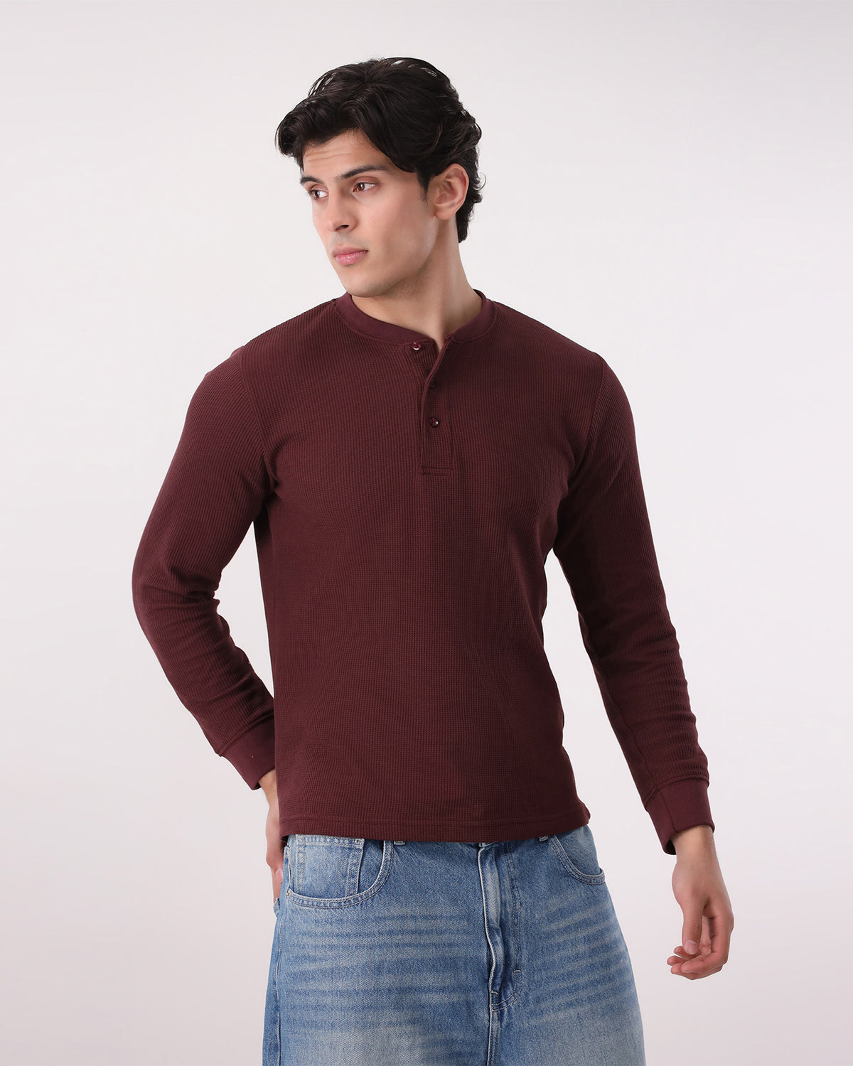 Waffle Knit Thermal Henley - Burgundy