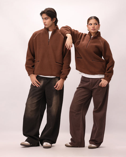 Sherpa Mock Neck ¼-Zip Unisex – Brown Teddy