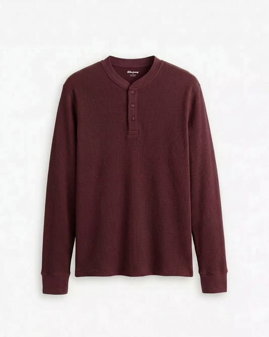 Waffle Knit Thermal Henley - Maroon