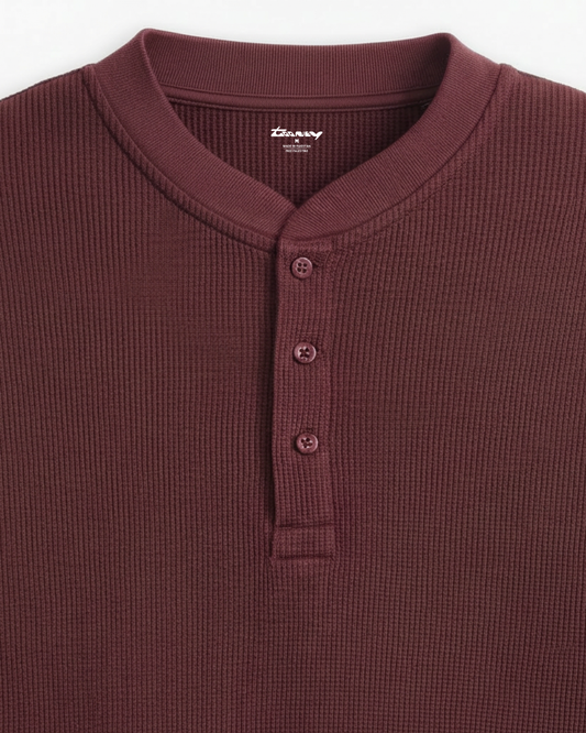 Waffle Knit Thermal Henley - Maroon