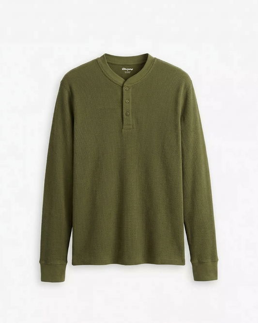 Waffle Knit Thermal Henley - Olive