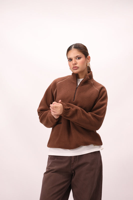 Sherpa Mock Neck ¼-Zip Unisex – Brown Teddy