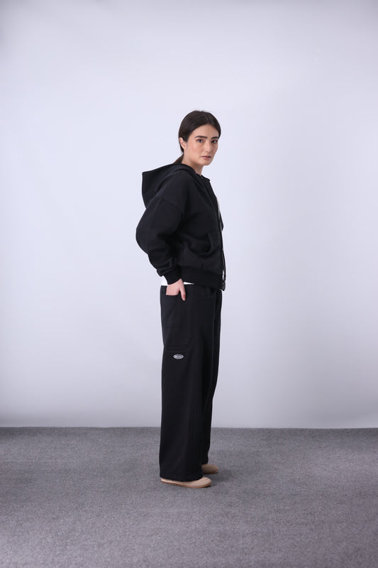 Core Fleece Zipper Co-Ord - Black