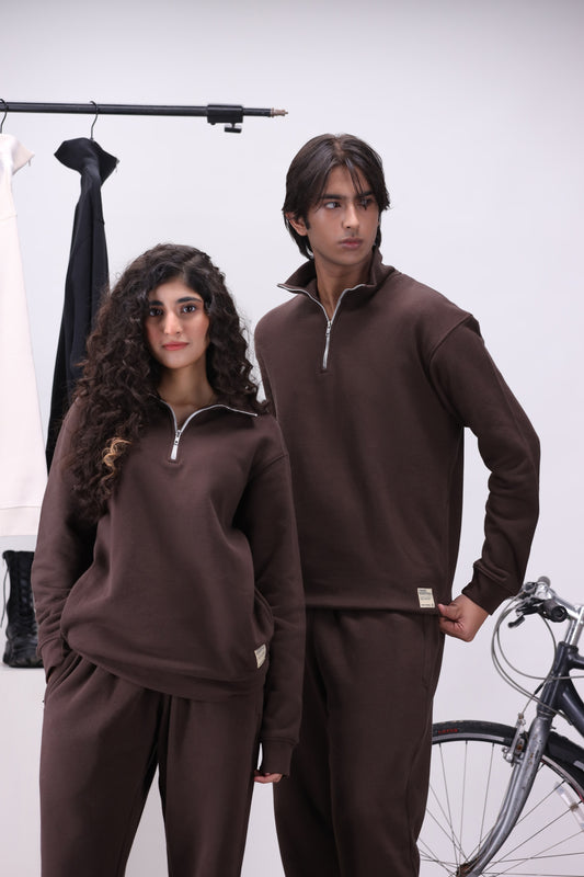 Brown Mock Neck 1/4 Zipper Co-Ord Set