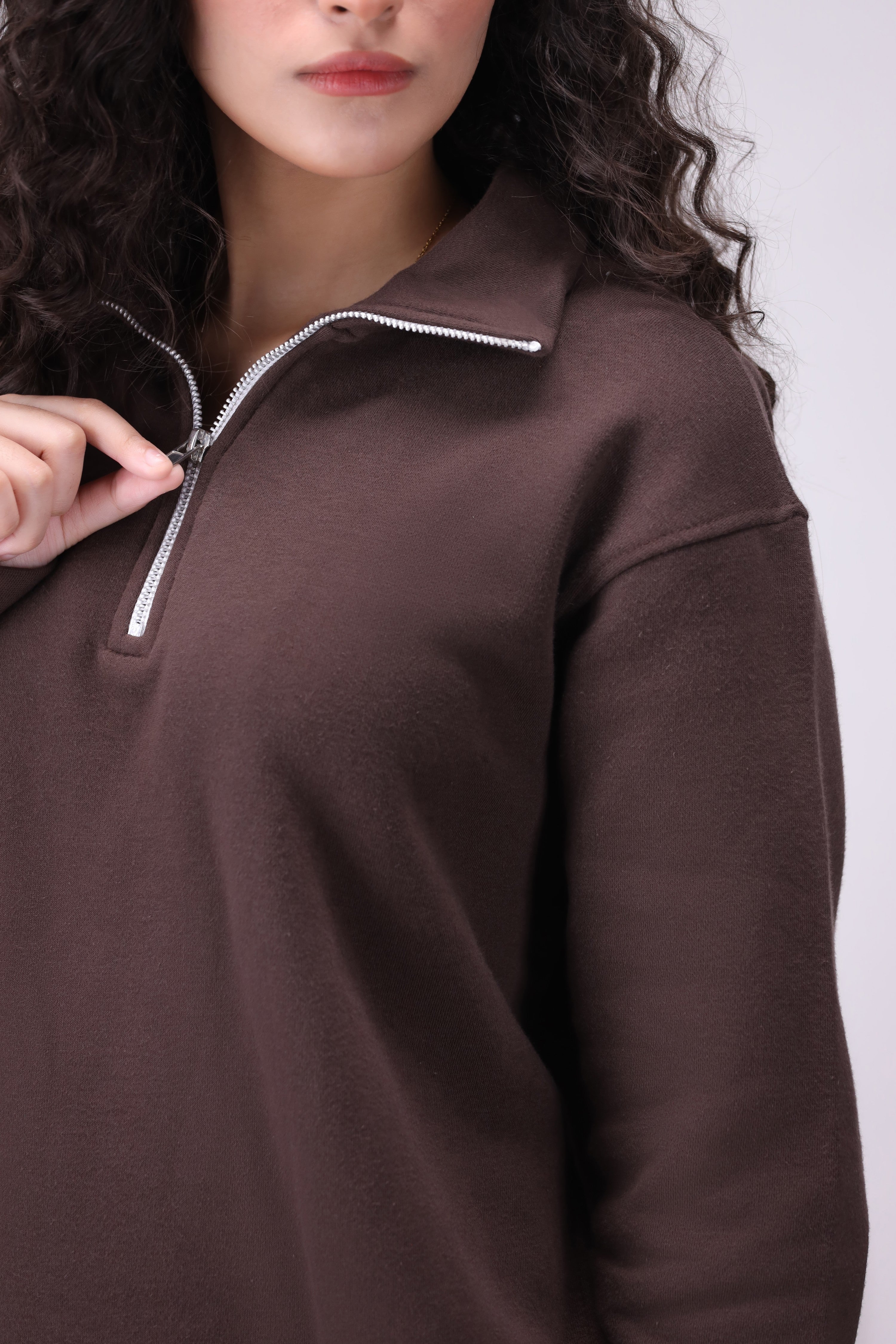 Brown Mock Neck 1/4 Zipper Co-Ord Set
