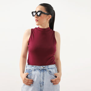 Maroon Ribbed Sleeveless Mock Neck Top