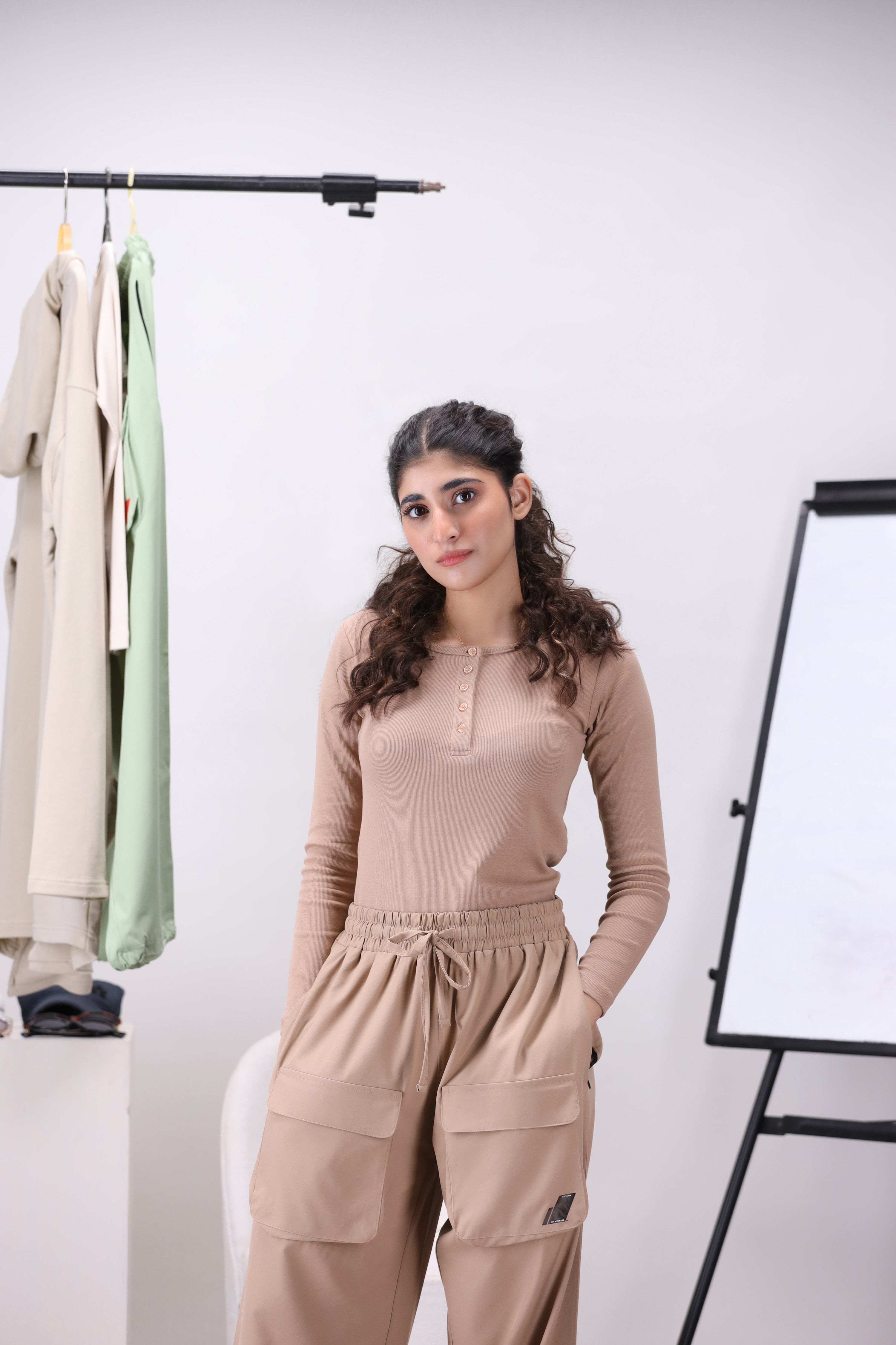 Beige Ribbed Women's Henley