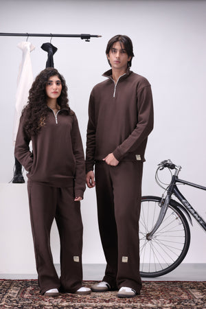 Brown Mock Neck 1/4 Zipper Co-Ord Set