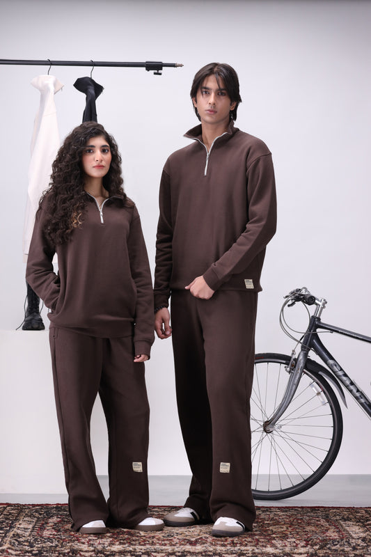 Brown Mock Neck 1/4 Zipper Co-Ord Set