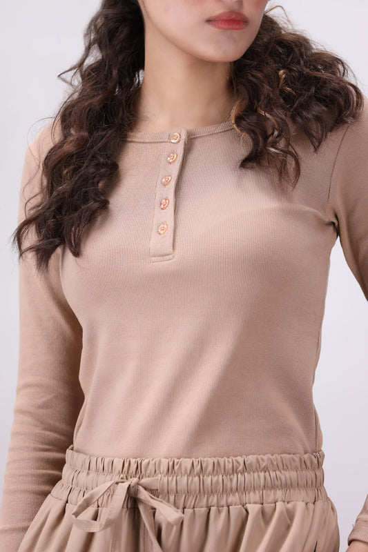 Beige Ribbed Women's Henley