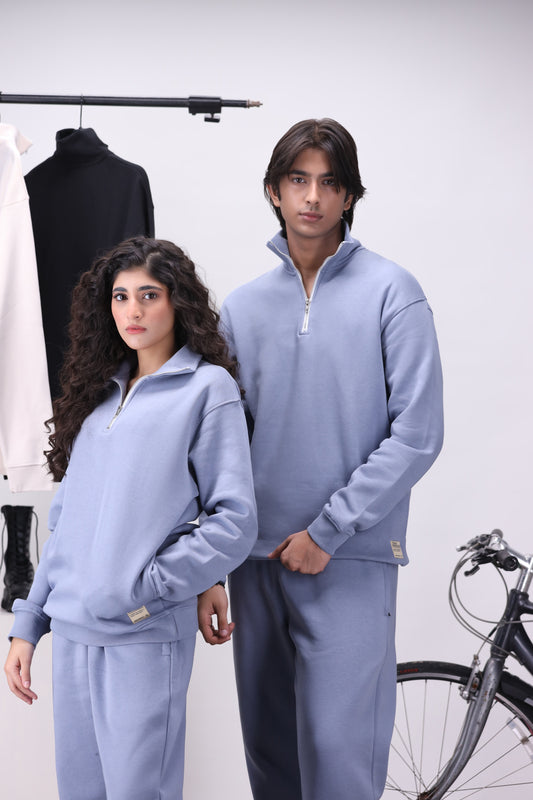 Powder Blue Mock Neck 1/4 Zipper Co-Ord Set