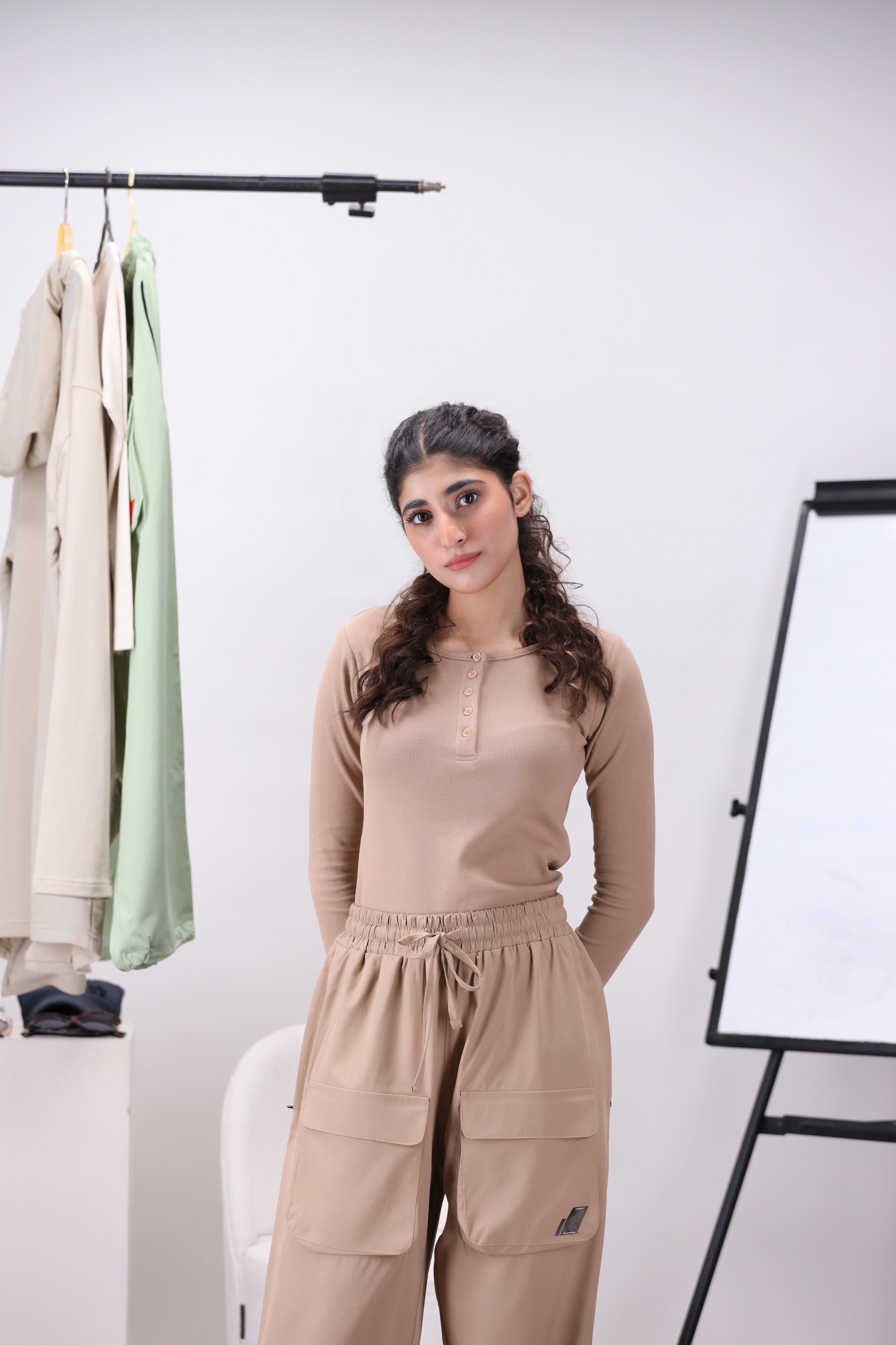 Beige Ribbed Women's Henley