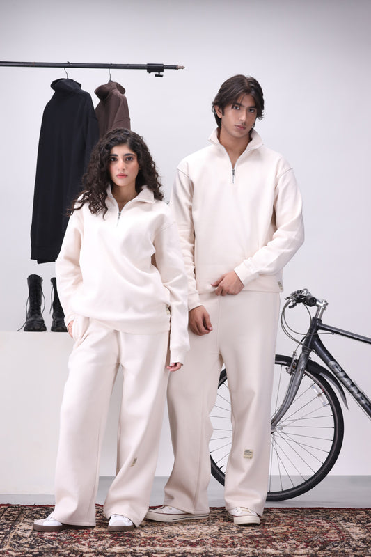 Off-White Mock Neck 1/4 Zipper Co-Ord Set