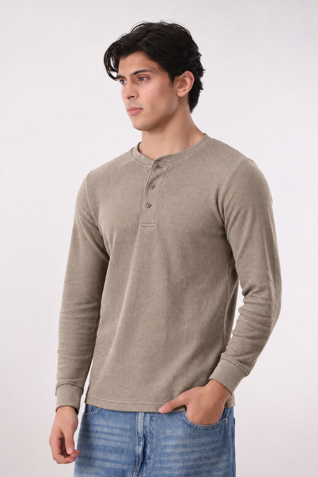 Waffle Knit Thermal Henley - Oat Melange