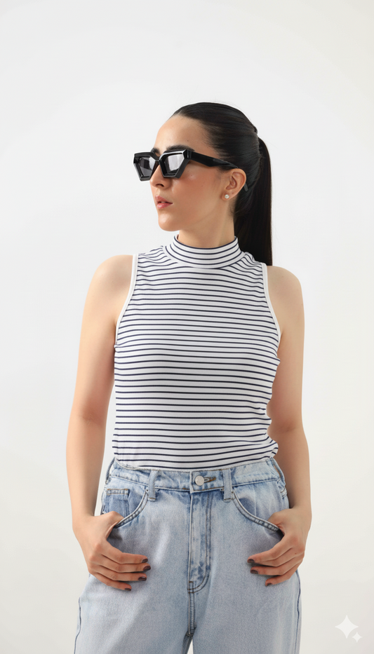 Blue Striped Ribbed Mock Neck Top