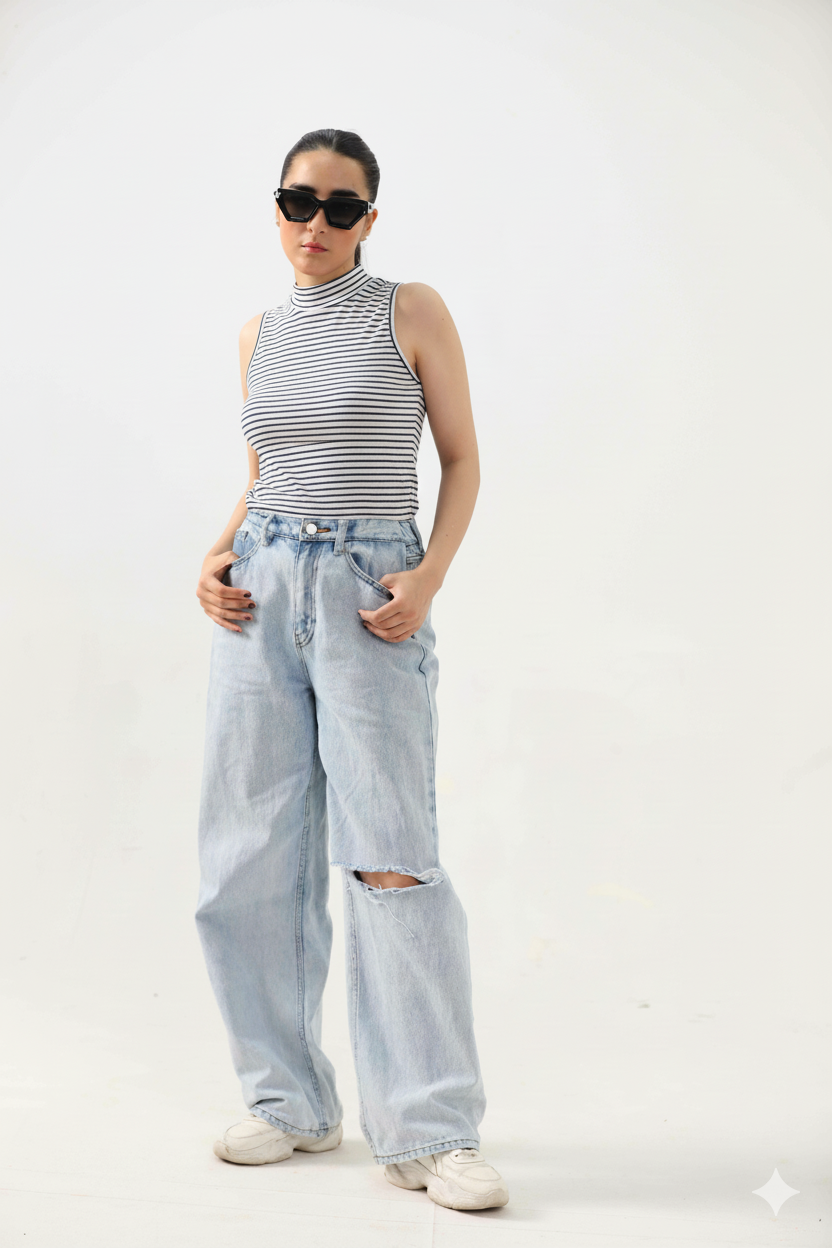 Blue Striped Ribbed Mock Neck Top