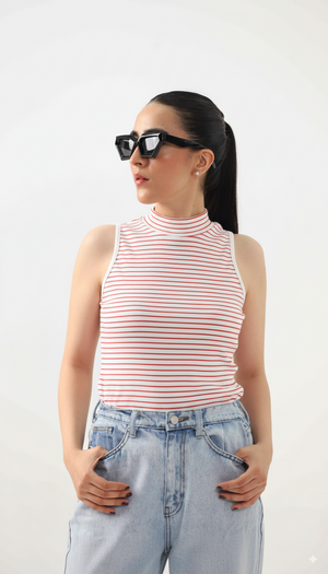 Red Striped Ribbed Mock Neck Top