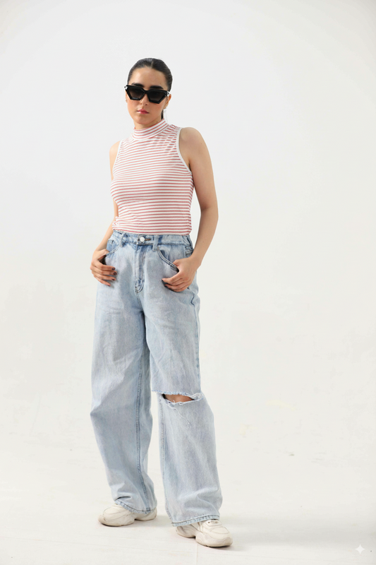 Red Striped Ribbed Mock Neck Top