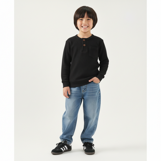 Black Waffle Knit Henley