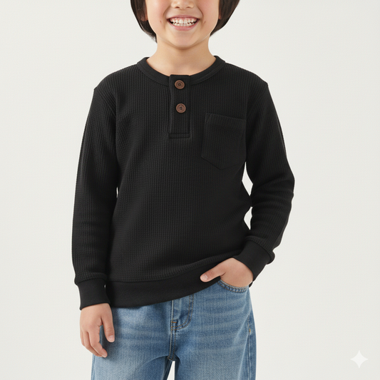 Black Waffle Knit Henley