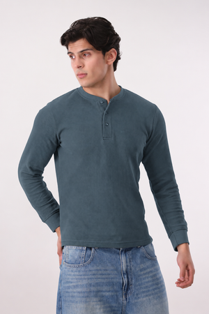 Waffle Knit Thermal Henley - Teal