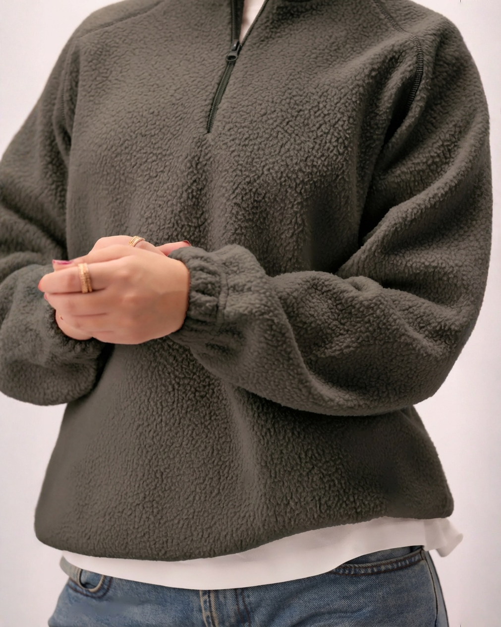 Sherpa Mock Neck ¼-Zip Unisex – Moss Grey