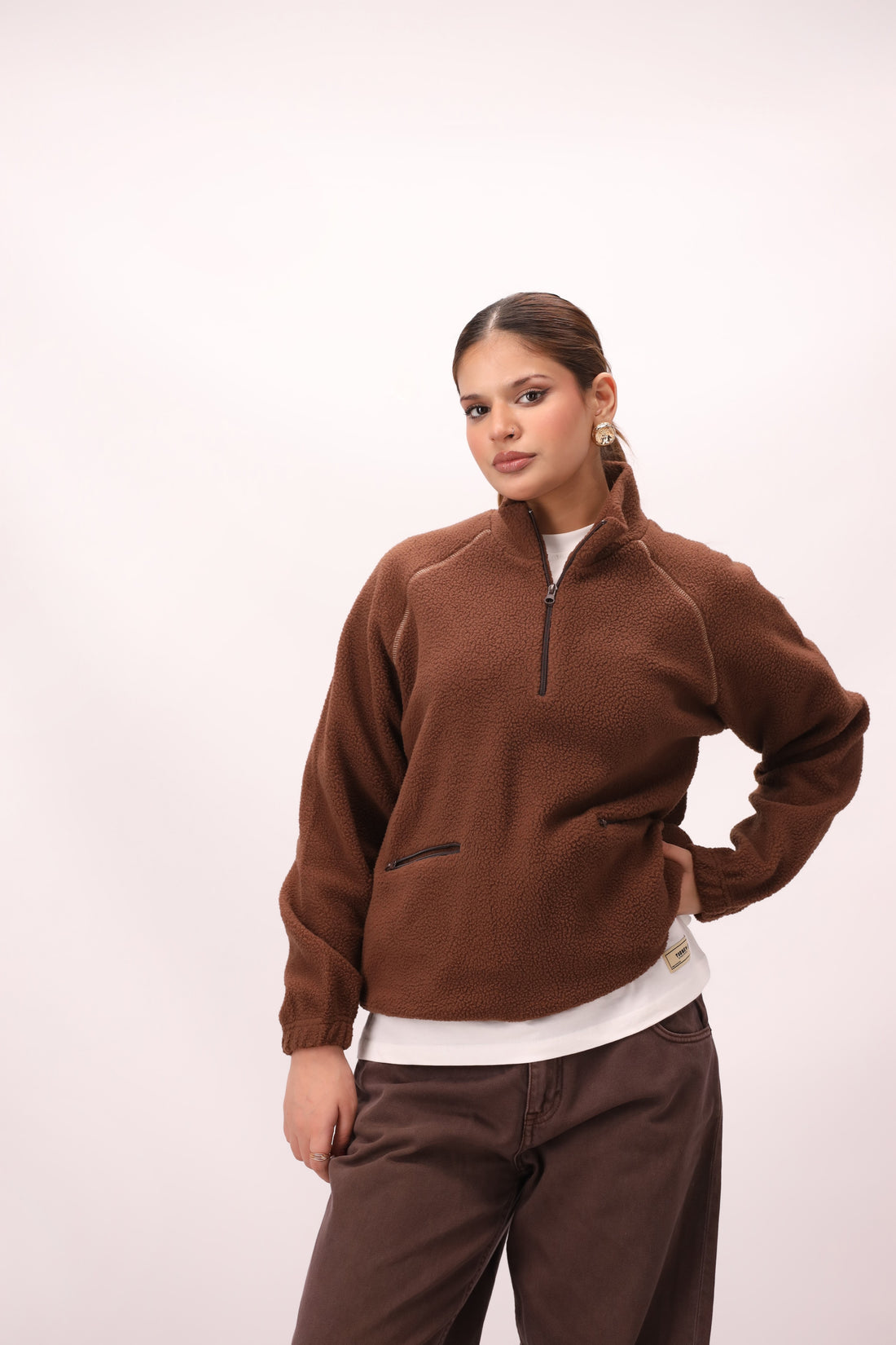 Sherpa Mock Neck ¼-Zip Unisex – Brown Teddy